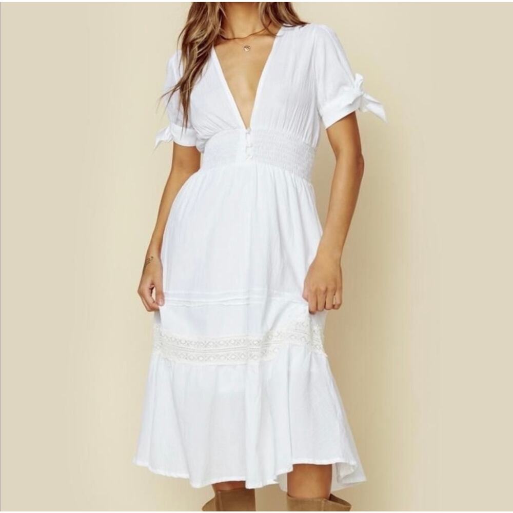 Cleobella Claire Smocked V-Neck Midi Dress White Women's Size XS Bridal